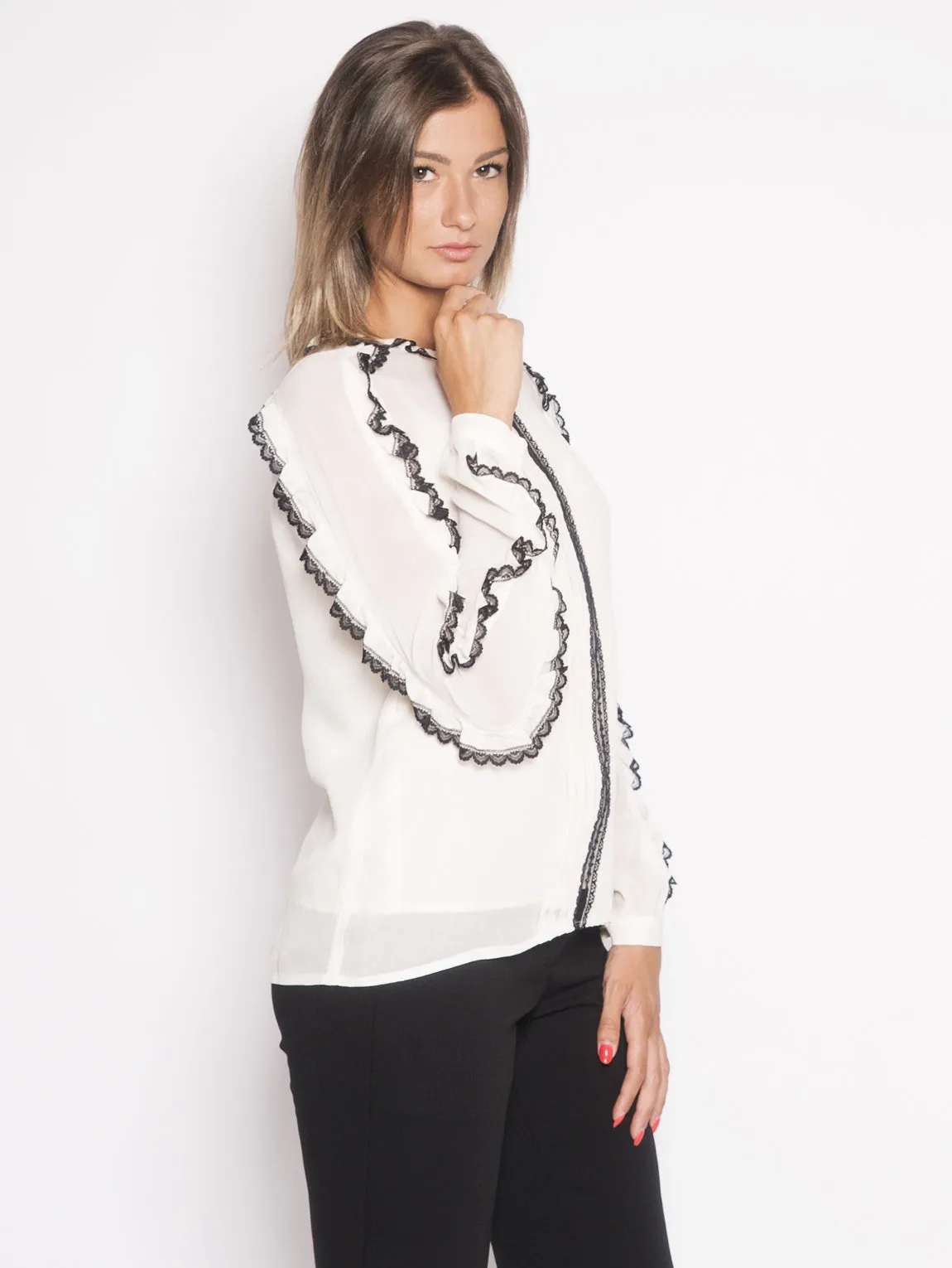 Blusa con Volant e Pizzo Bianca