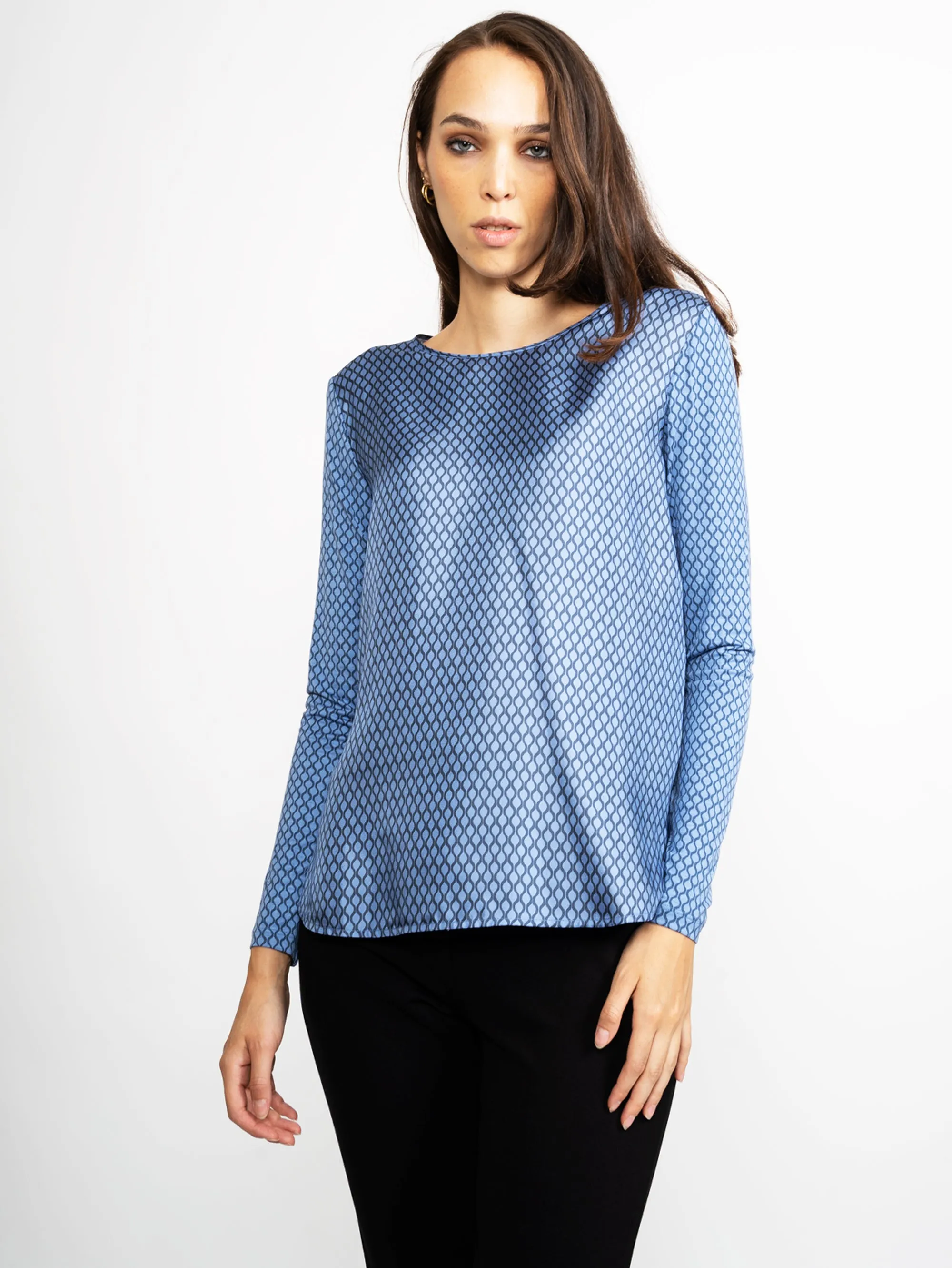 Blusa in Seta con Stampa Geometrica Avio